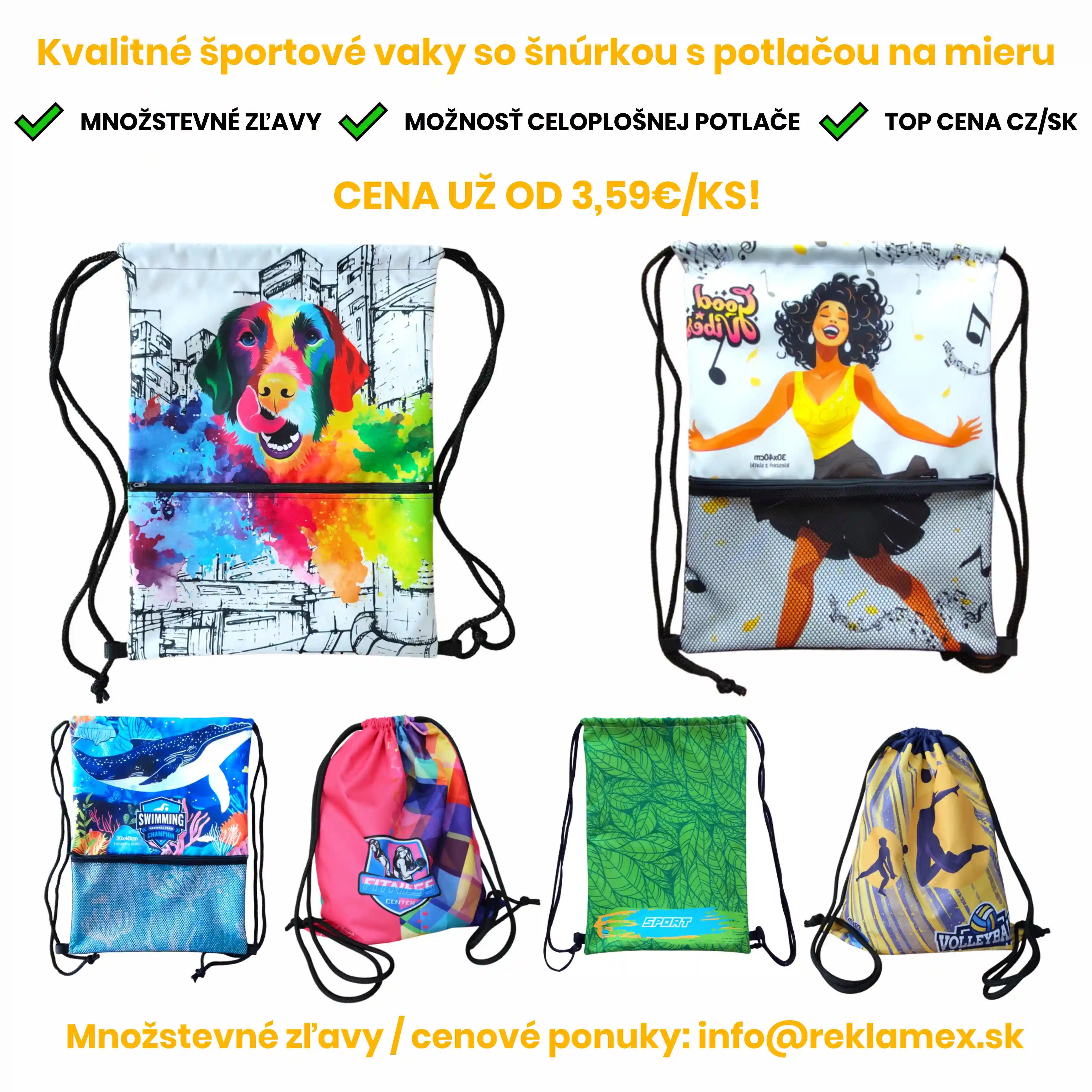 Reklamné športové vaky so šnúrkami s potlačou - 27x38cm
